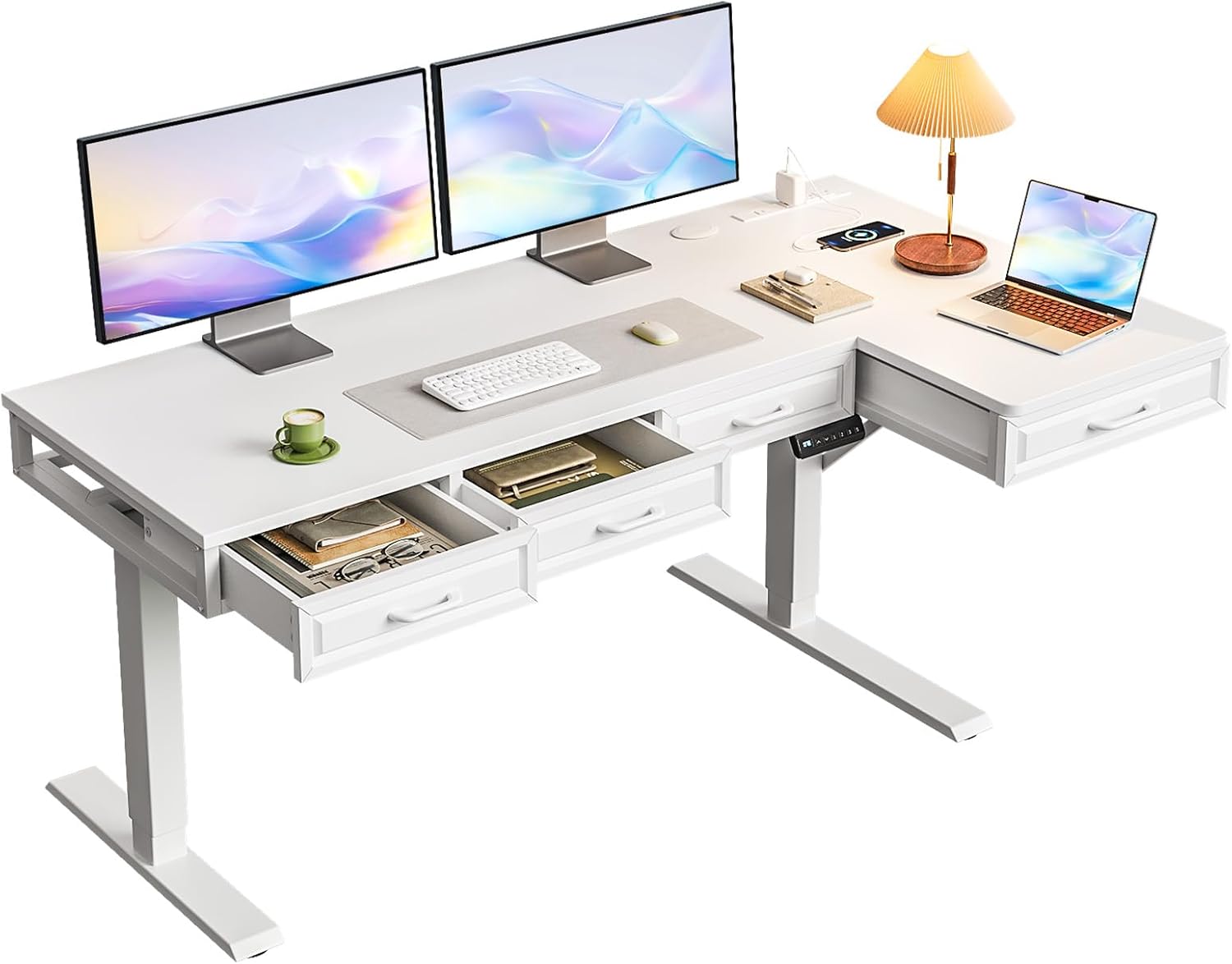 618wbZ4hR5L._AC_SL1500_.jpg L Shaped Electric Standing Desk with Wooden Drawers, 55 Inch Height Adjustable Corner Workstation with Power Outlets, Sit Stand Table for Home, Office, White - 图片 1