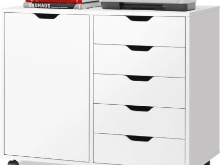5-Drawer Wood Drawer Cabinet, Office Storage Cabinet with Adjustable Shelf & Wheels, Printer Stand for Home Office, White