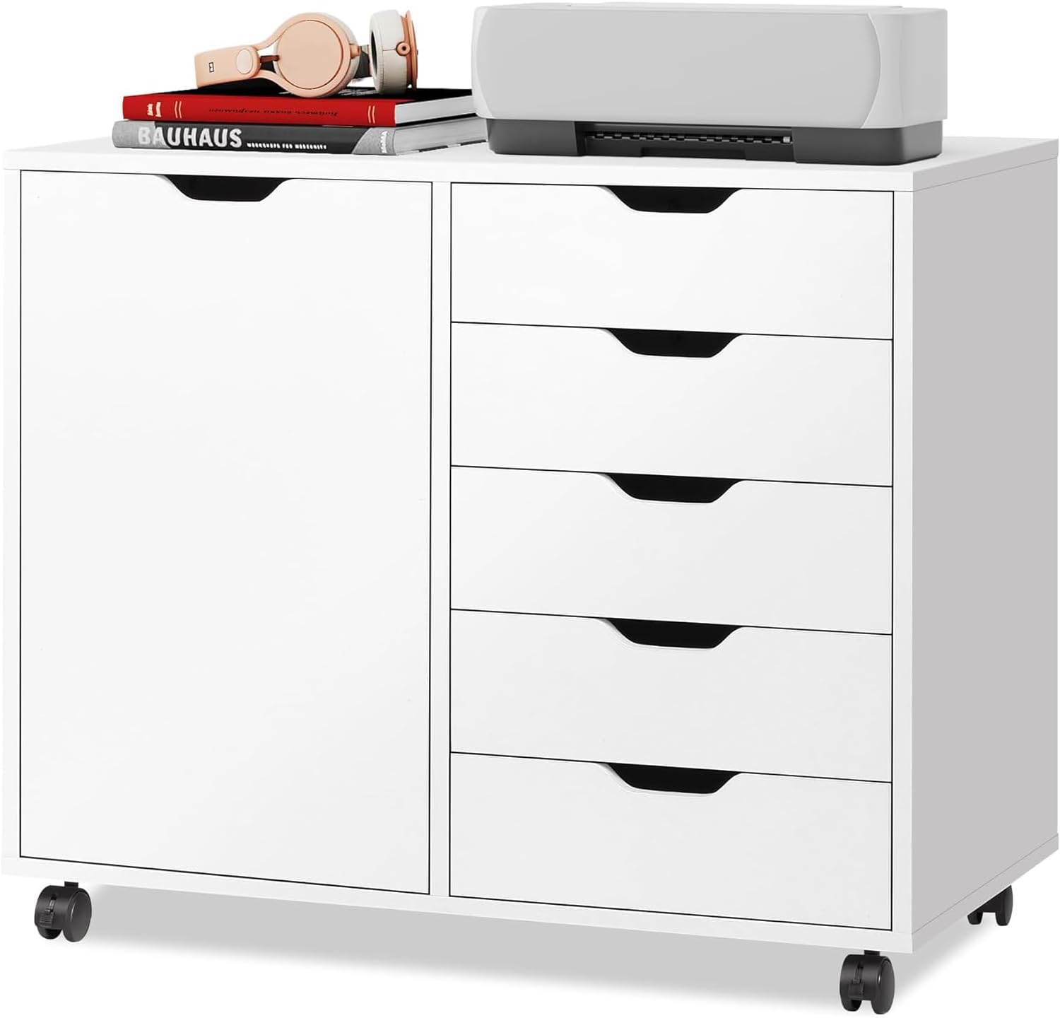 61jJcicF7GL._AC_SL1500_.jpg 5-Drawer Wood Drawer Cabinet, Office Storage Cabinet with Adjustable Shelf & Wheels, Printer Stand for Home Office, White - 图片 1