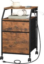 2-Drawer Mobile File Cabinet, Filing Cabinet with Charging Station, Printer Stand with Open Storage Shelf, for A4/ Size, Home Office, Nonwovens Drawer, Rustic Brown and Black BF10UWJ01