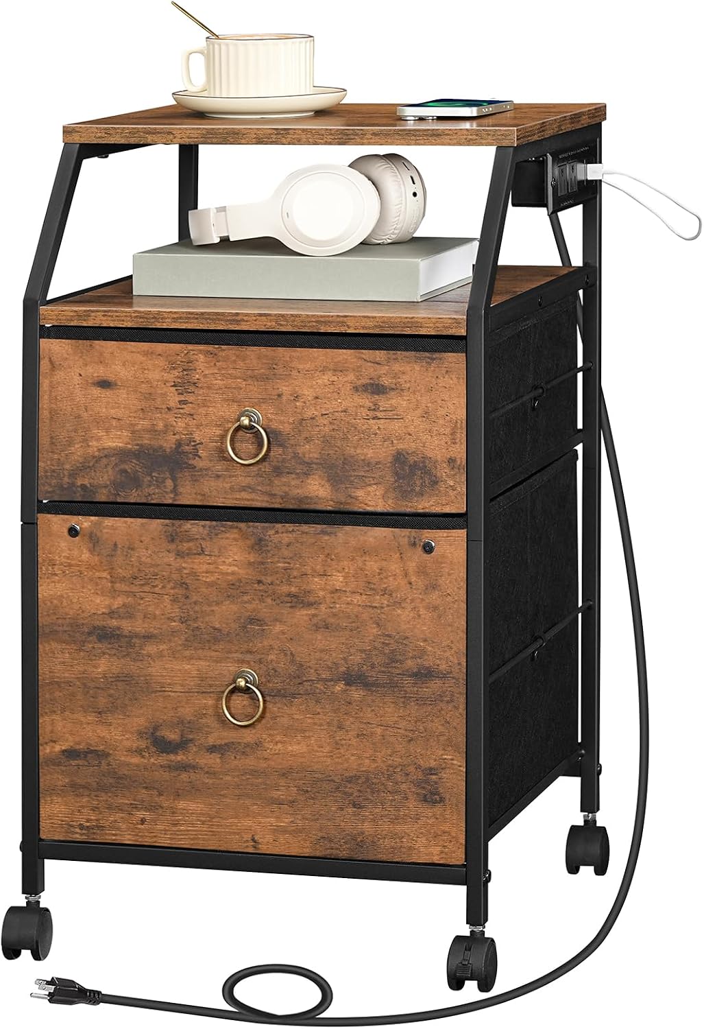 71DfZtciVxL._AC_SL1500_.jpg 2-Drawer Mobile File Cabinet, Filing Cabinet with Charging Station, Printer Stand with Open Storage Shelf, for A4/ Size, Home Office, Nonwovens Drawer, Rustic Brown and Black BF10UWJ01 - 图片 1