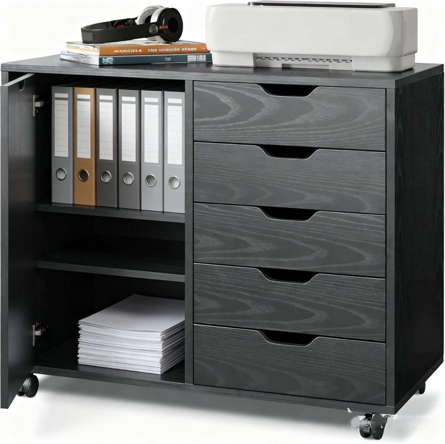 71GAYxt5bML._AC_SL1500_.jpg 5-Drawer Wood Drawer Cabinet, Office Storage Cabinet with Adjustable Shelf & Wheels, Printer Stand for Home Office, Black, 15.7" D x 30.7" W x 25.4" H - 图片 1