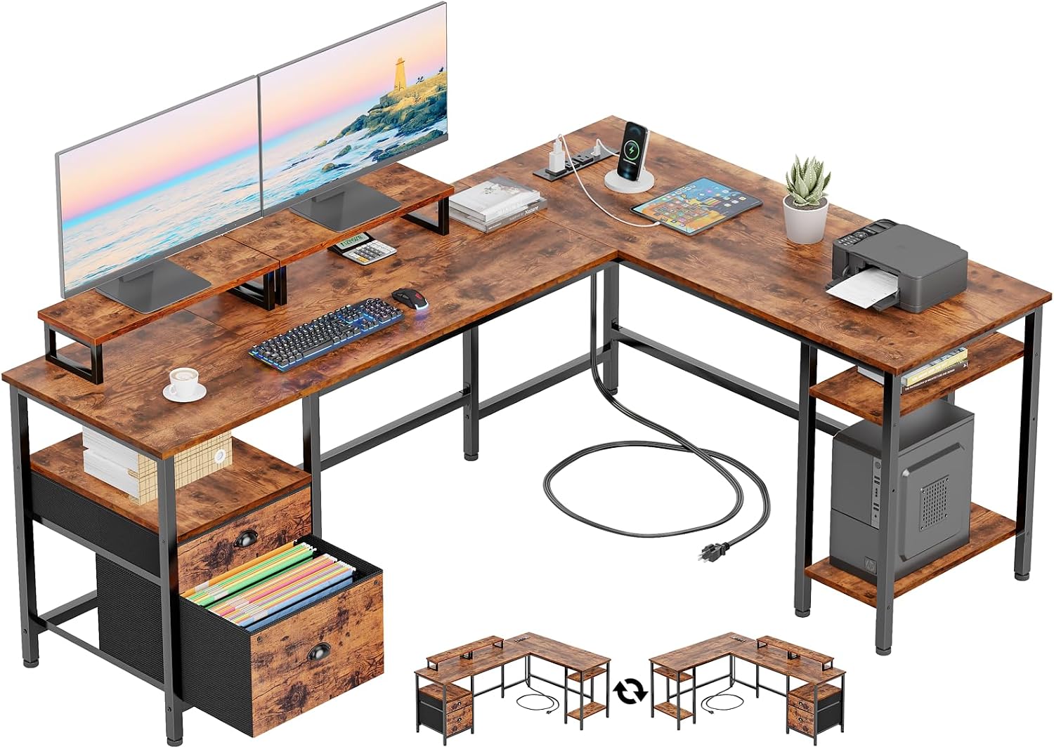 71hvFol8suL._AC_SL1500_.jpg 66” L Shaped Desk with Power Outlet, Reversible Home Office Desk with File Drawer, 2 Monitor Stands, Storage Shelves, Corner Computer Table for Gaming, Writing, Rustic Brown - 图片 1