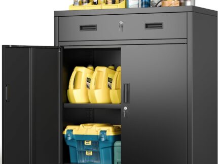 Metal Storage Cabinet with Doors and Shelves, 36" H Locking Storage Cabinet with 1 Drawers, Reinforced Heavy Duty Metal Cabinets for Garage, Office, Home(Black)