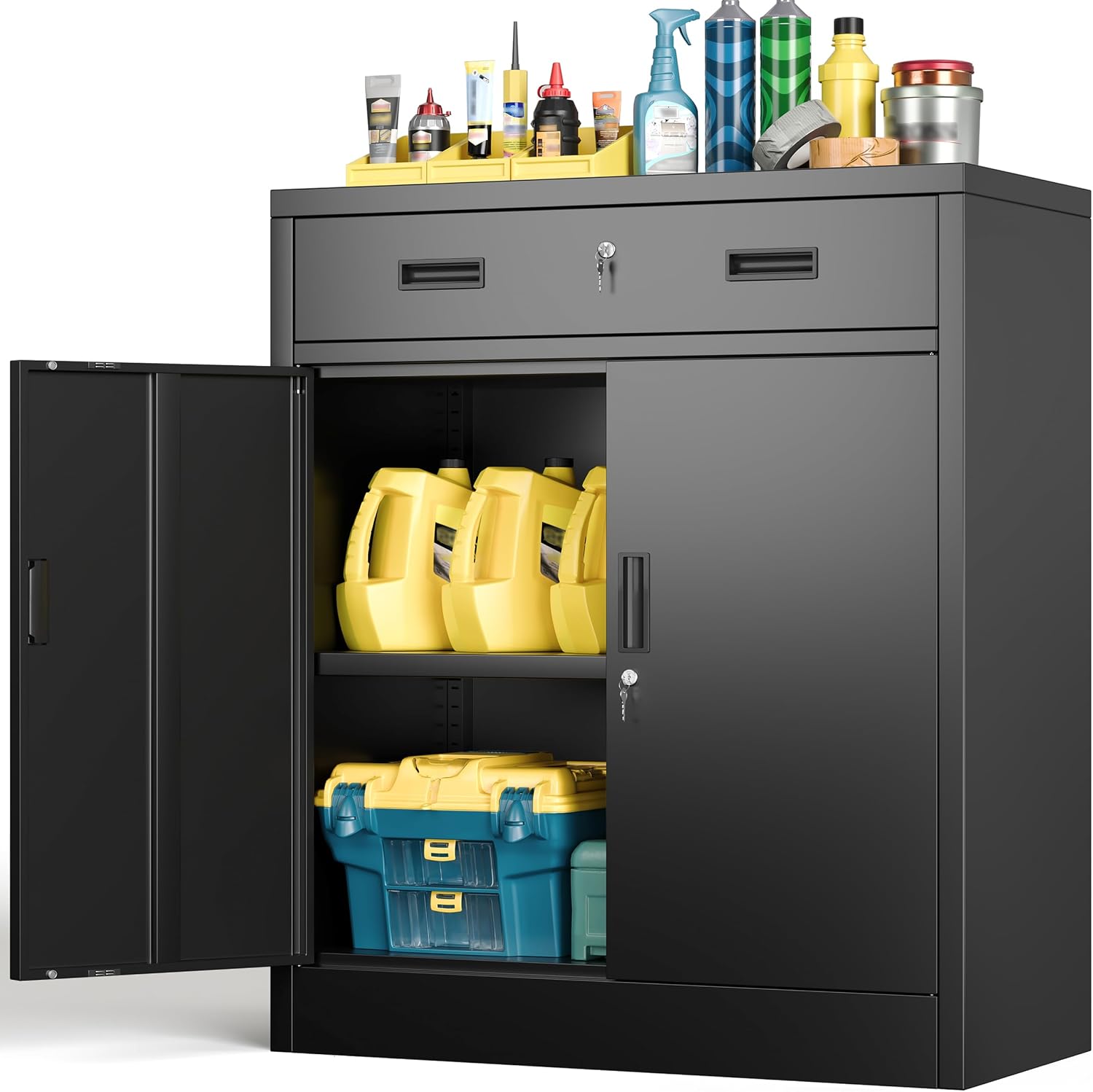 71vTAxqHU9L._AC_SL1500_.jpg Metal Storage Cabinet with Doors and Shelves, 36" H Locking Storage Cabinet with 1 Drawers, Reinforced Heavy Duty Metal Cabinets for Garage, Office, Home(Black) - 图片 1