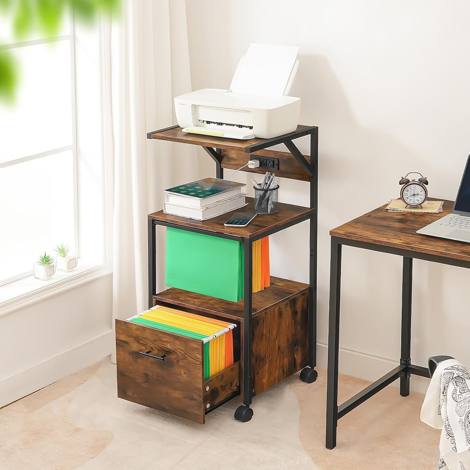 71ya30G3fGL._AC_SL1500_.jpg Mobile File Cabinet, Filing Cabinet with Charging Station, Office Cabinet, Printer Stand with File Cabinet, Open Storage Shelf, A4/ Size for Home Office, Rustic Brown and Black - 图片 1