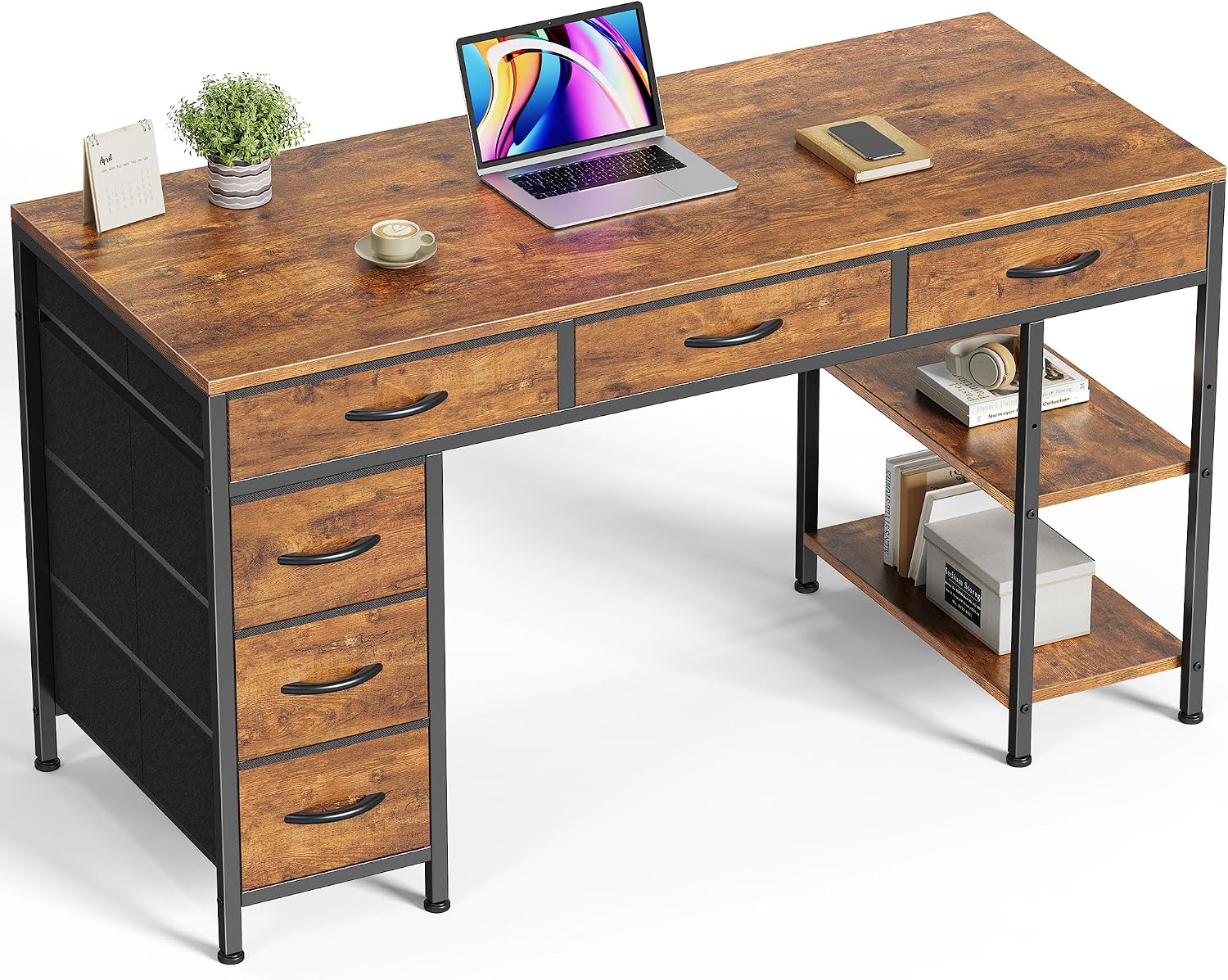 81-wddjQGyL._AC_SL1500_.jpg Computer Desk with 6 Drawers, Office Desk with Shelves, Reversible Gaming Desk, Corner Desk with Storage, Work for Home Office, Study, Living Room, 47inch, Rustic Brown - 图片 1