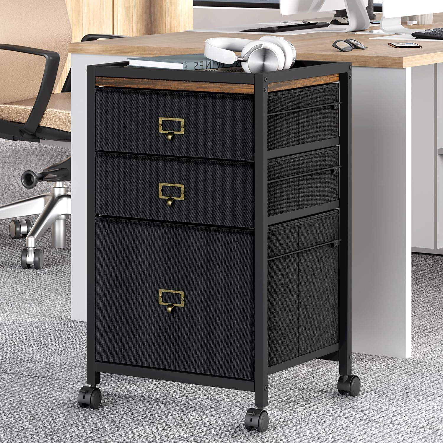 81MTHBwtbJL._AC_SL1500_.jpg File Cabinet, Filing Cabinet with 3 Drawer, Mobile File Cabinet Fits Size or A4, Vertical File Cabinet on Wheels, Home Office Small Under Desk Storage Cabinet, Black - 图片 1