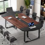 8Ft Conference Table for 10 People, Large Boat Shaped Meeting Table with Cable Grommet, Modern Seminar Table for Office Meeting Conference Room, Boardroom, 94.5D x 47.3W Inches, Walnut and Black