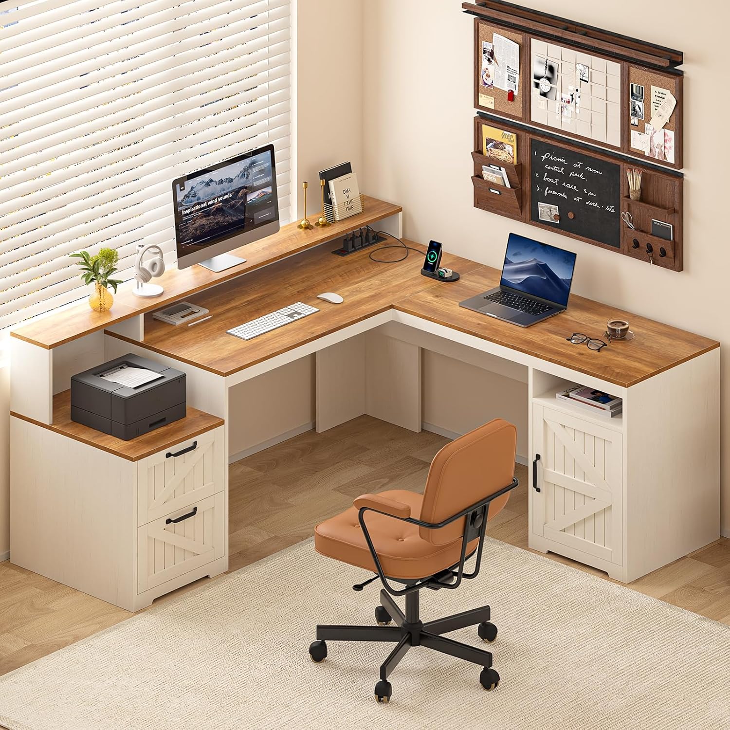 81ZVZdG9YnL._AC_SL1500_.jpg 63" Farmhouse L Shaped Executive Desk with Drawers & Storage Shelf, Corner Computer Desk with Power Outlets, L Shaped Office Desk with Monitor Stand, Printer Shelf, Antique White - 图片 1