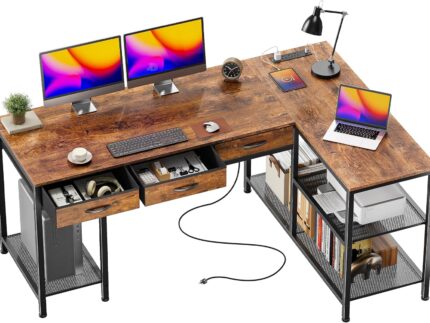 55 Inch L Shaped Office Desk with Power Outlets and Type-C Port, Large Computer Gaming Desk with 3 Fabric Drawers, Mesh Shelves, Corner Study Work Writing Desk, Rustic Brown