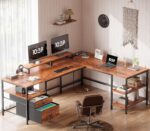 66” L Shaped Desk with Power Outlet, Reversible Home Office Desk with File Drawer, 2 Monitor Stands, Storage Shelves, Corner Computer Table for Gaming, Writing, Rustic Brown - 图片 2