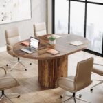 55.12 Inches Oval Conference Table, Rustic Wood Conference Meeting Room Table for 4-6 People, Small Seminar Table with Polygon Shaped Base for Break Room Office, Large Office Desk, Brown