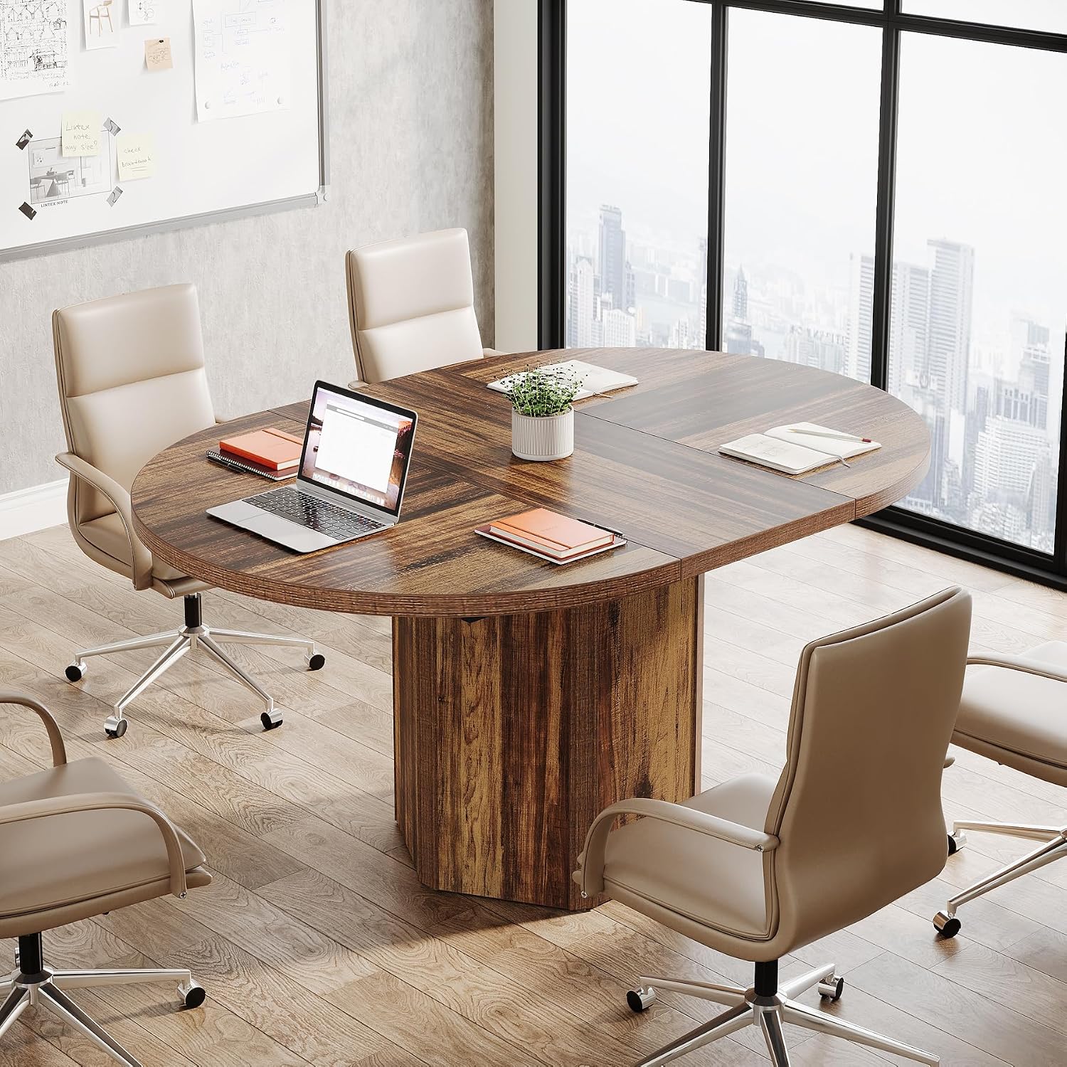 81x7Ln4MvdL._AC_SL1500_.jpg 55.12 Inches Oval Conference Table, Rustic Wood Conference Meeting Room Table for 4-6 People, Small Seminar Table with Polygon Shaped Base for Break Room Office, Large Office Desk, Brown - 图片 1